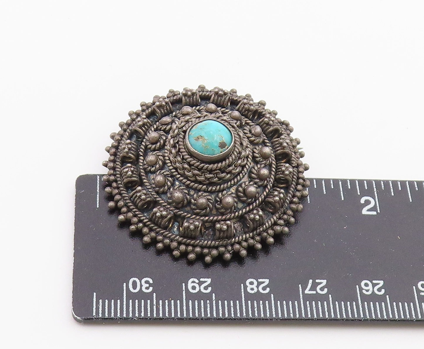 ISRAEL 925 Silver  Vintage Turquoise Dark Tone Floral Dome Brooch Pin  BP3850
