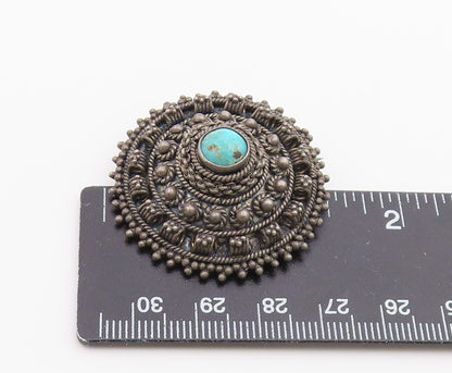 ISRAEL 925 Silver  Vintage Turquoise Dark Tone Floral Dome Brooch Pin  BP3850