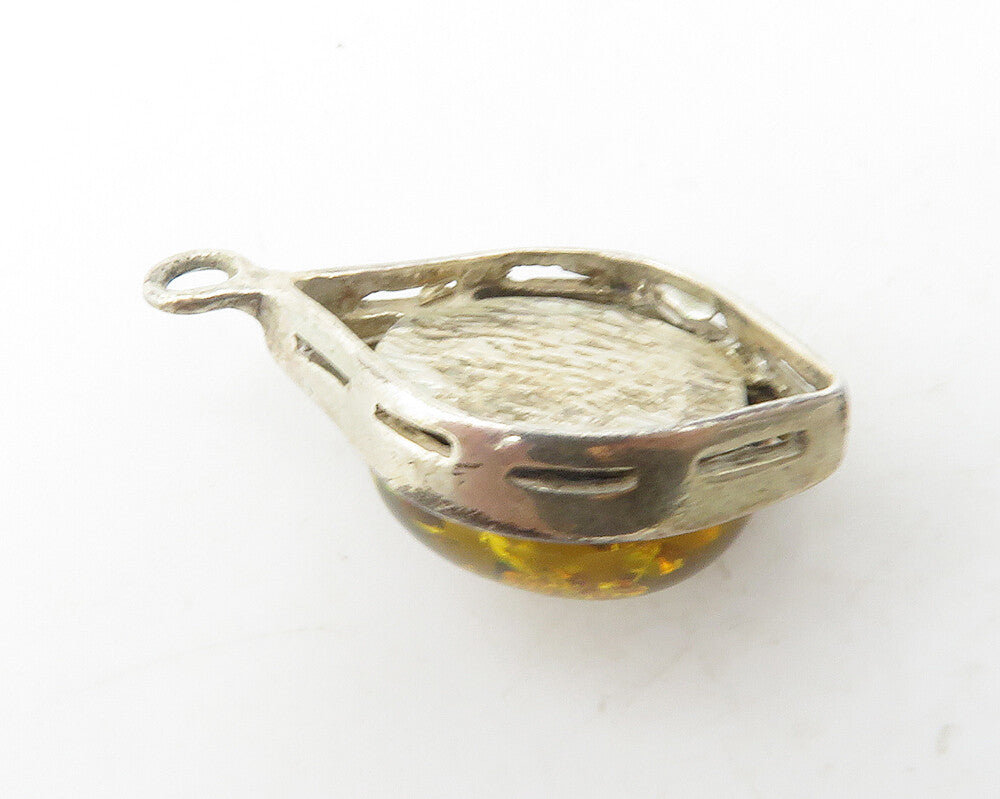 925 Sterling Silver  Vintage Cabochon Cut Amber Petite Drop Pendant  PT9456