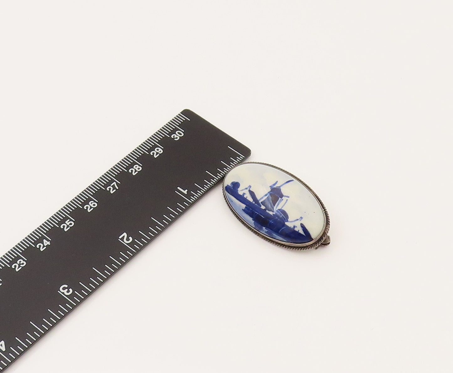 HOLLAND 925 Silver Vintage Delft Blue Porcelain Scenery Brooch Pin  BP10273