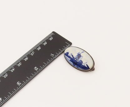 HOLLAND 925 Silver Vintage Delft Blue Porcelain Scenery Brooch Pin  BP10273
