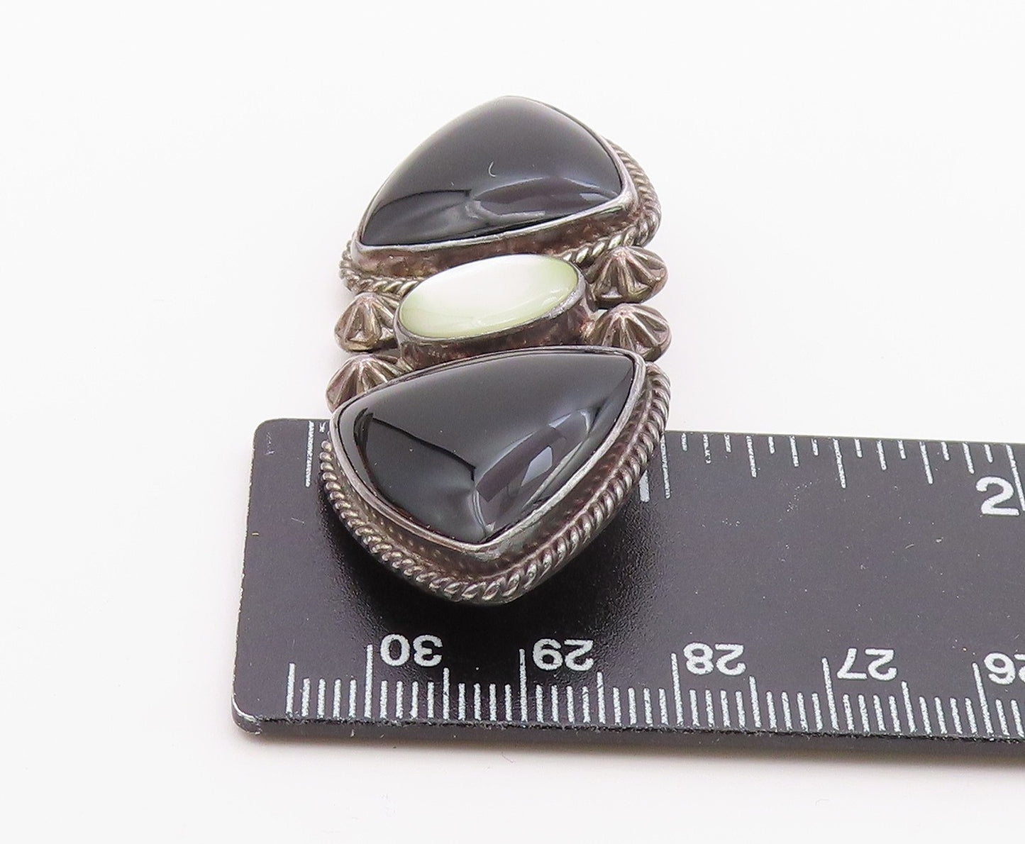REVE 925 Silver  Vintage Black Onyx & Mother Of Pearl Twist Brooch Pin  BP8087
