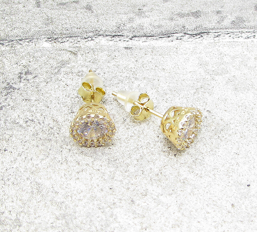 Gold Over 925 Sterling Silver White Cubic Zirconia Stud Earrings EG1049
