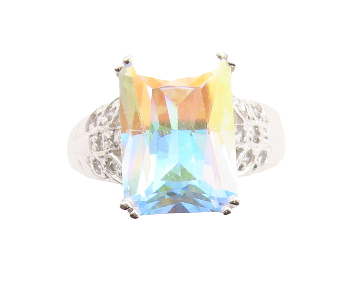 925 Sterling Silver Vintage Ring Rectangle Cut Mystic Stone & CZ  Sz 8  RG31180