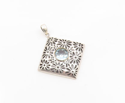 925 Silver  Vintage Floral Openwork Inlaid Blue Topaz Drop Pendant  PT21518