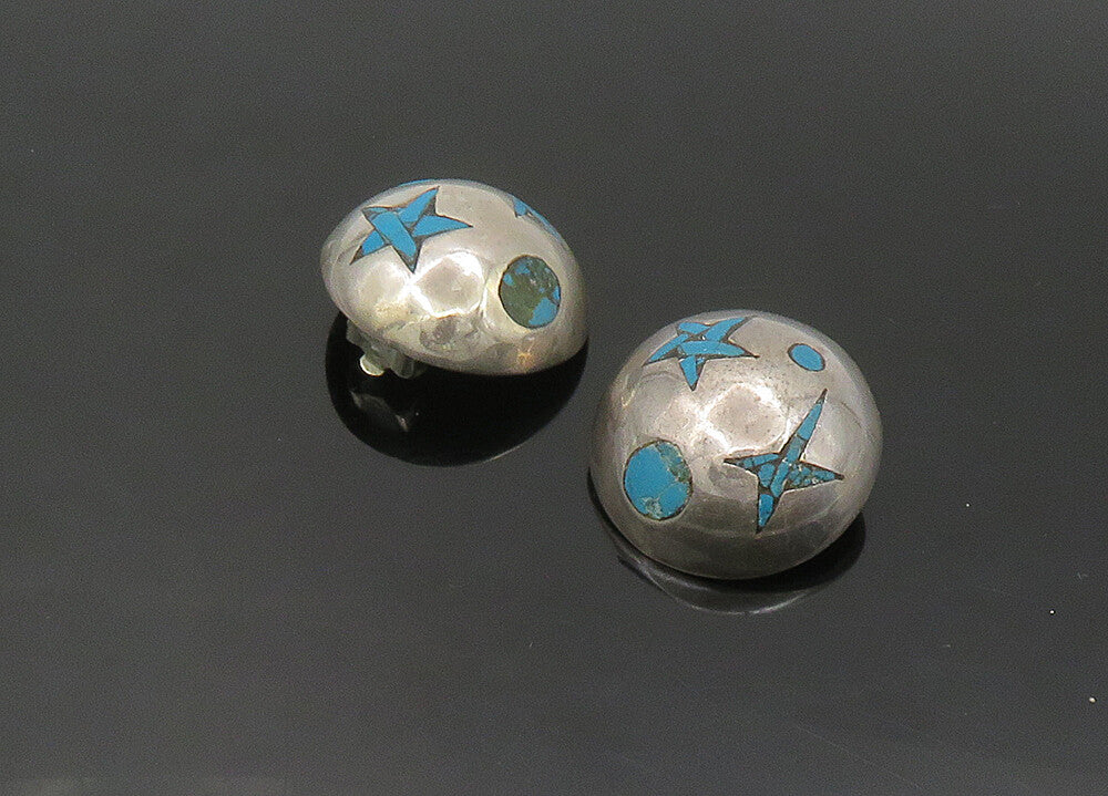 TAXCO 925 Sterling Silver Vintage Turquoise Non Pierce Dome Earrings EG11314