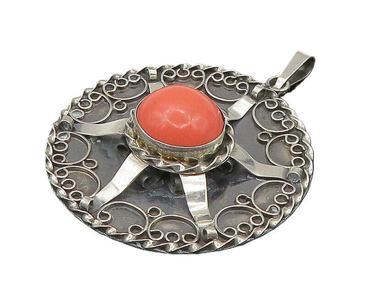 DESIGNER 925 Silver  Vintage Cabochon Cut Coral Twist Border Pendant  PT19568