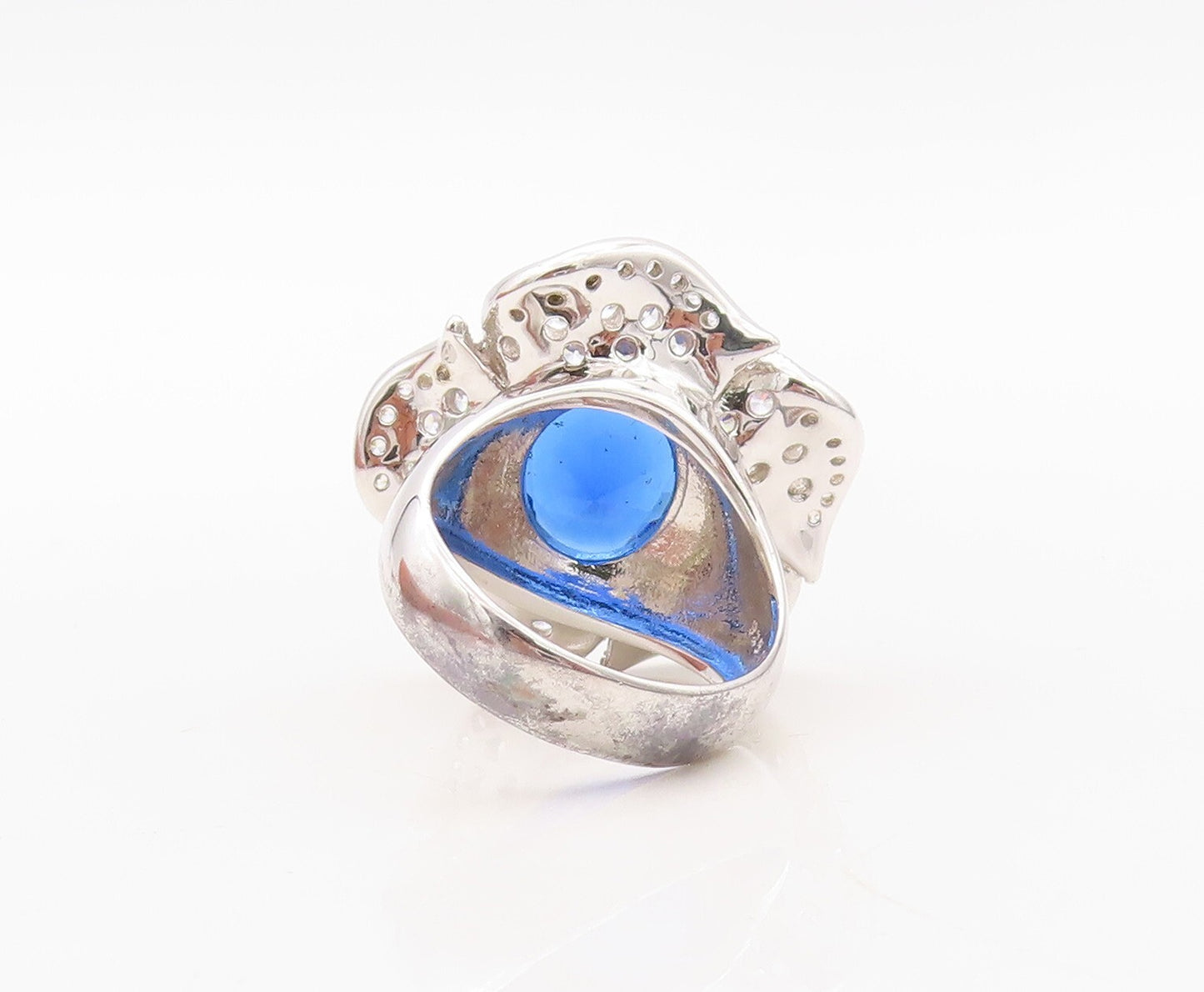 925 Sterling Silver Vintage Ring Oval Sapphire & CZ Inlay Flower Sz 7.5  RG30236