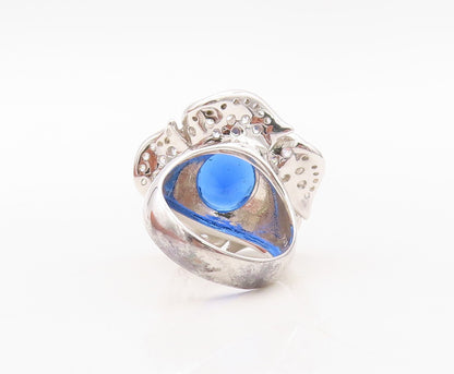 925 Sterling Silver Vintage Ring Oval Sapphire & CZ Inlay Flower Sz 7.5  RG30236