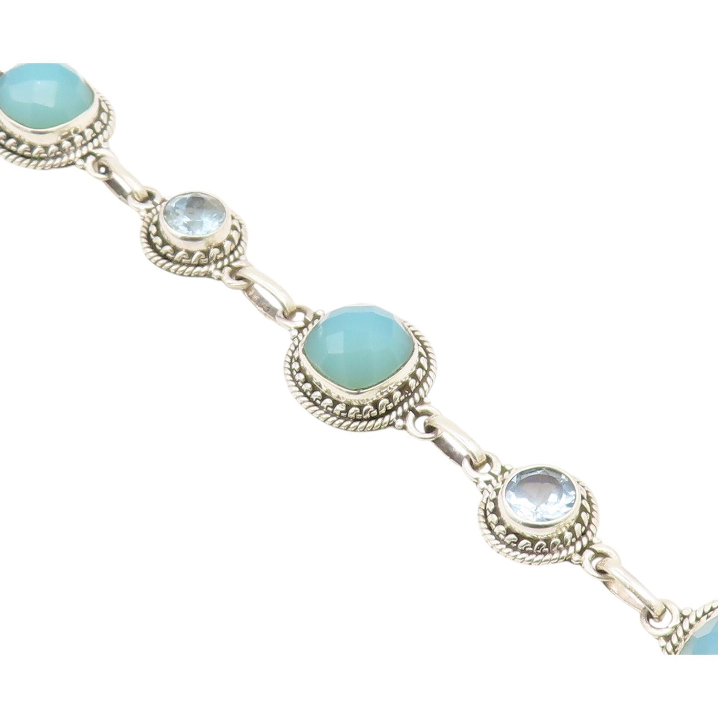 925 Sterling Silver  Aqua Chalcedony & Topaz Shiny Twist Chain Bracelet BT3635