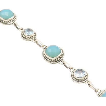925 Sterling Silver  Aqua Chalcedony & Topaz Shiny Twist Chain Bracelet BT3635