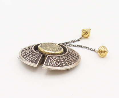 ATARA 925 Silver  Vintage Two Tone Carved & Chained Shield Brooch Pin  BP10180