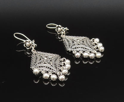 925 Silver  Vintage Wavy Border Beaded Diamond Shaped Dangle Earrings  EG11982