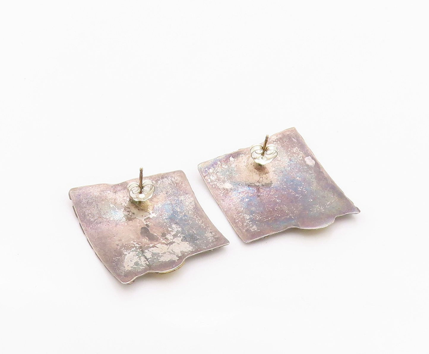 14K Gold & 925 Sterling Silver Vintage Earrings Classic Geometric Shield EG14400