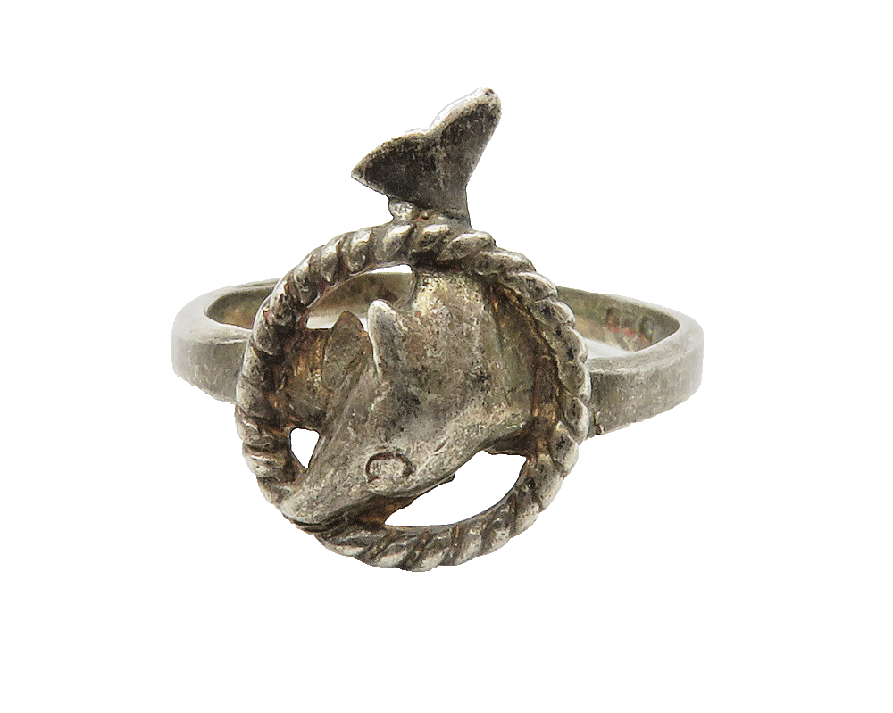 925 Sterling Silver  Vintage Dark Tone Dolphin Twist Band Ring Sz 7  RG14346