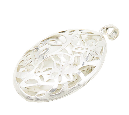 925 Sterling Silver  Shiny Floral Vine Cutout Oval Pendant  PT13932