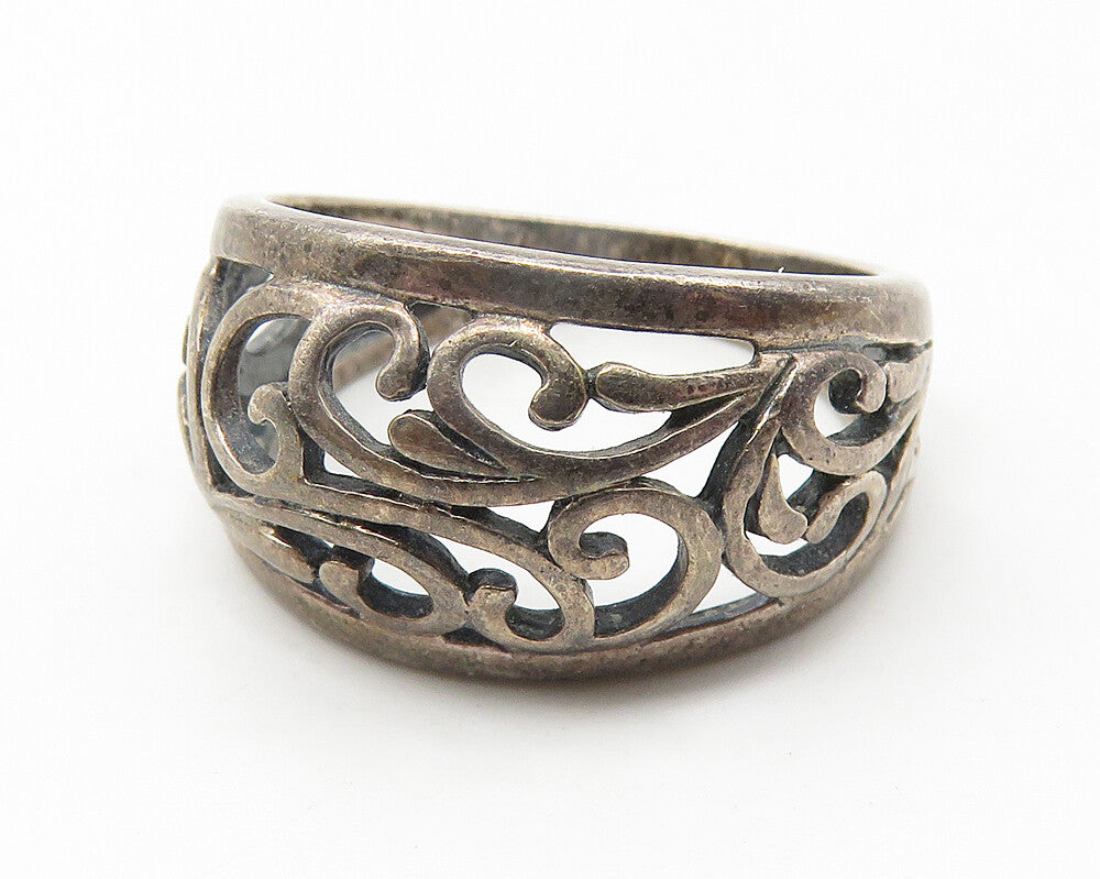 925 Sterling Silver  Vintage Dark Tone Open Swirl Dome Band Ring Sz 7  RG11537
