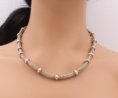 925 Sterling Silver Vintage Necklace BALI Carved Wheat Chain Beaded Rings NE4359
