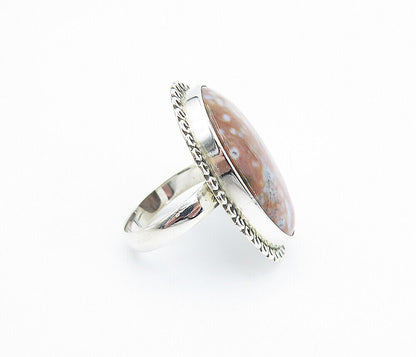 925 Sterling Silver  Jasper Shiny Swirl Border Cocktail Ring Sz 9  RG7997