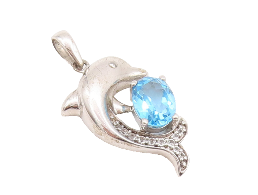 925 Sterling Silver Vintage Pendant 2 Tone CZ Dolphin Playing With Ball  PT22633