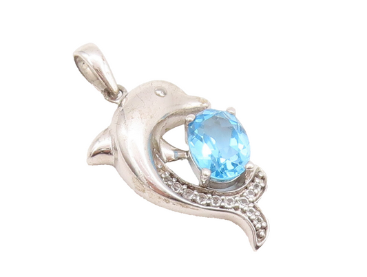 925 Sterling Silver Vintage Pendant 2 Tone CZ Dolphin Playing With Ball  PT22633