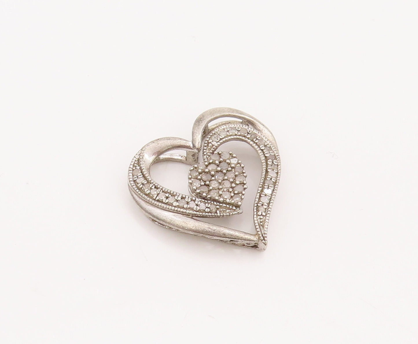 925 Sterling Silver Vintage Pendant Swirly Cutout Inlay Diamonds Heart  PT23087