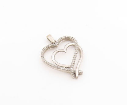 925 Sterling Silver Vintage Pendant Genuine Diamonds Double Love Heart  PT25906