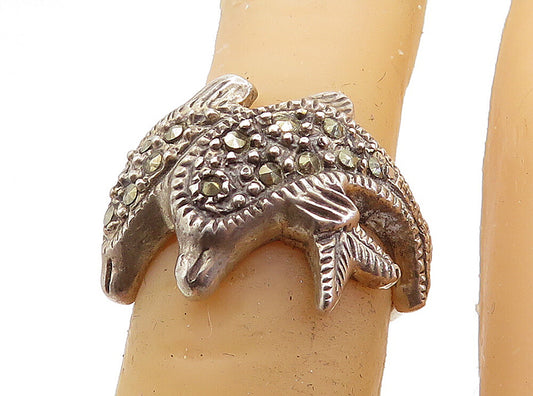 925 Sterling Silver  Vintage Marcasite Double Dolphin Band Ring Sz 5.5  RG7865