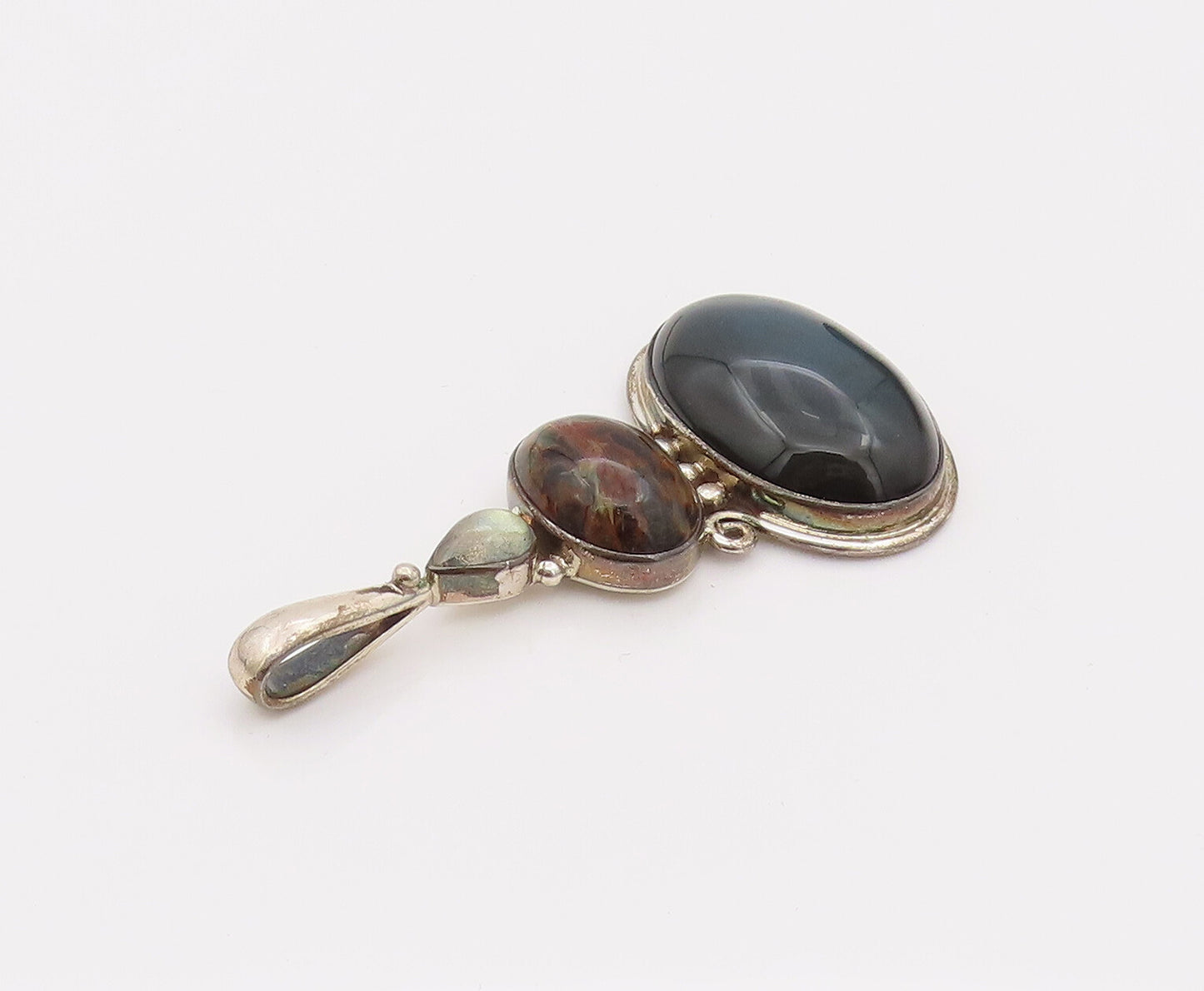 SAJEN 925 Silver  Vintage Handcrafted Natural Agate & Jasper Pendant  PT22171