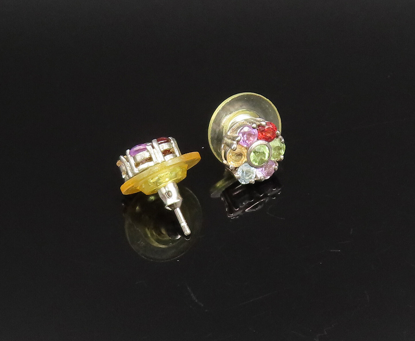 925 Silver  Vintage Peridot & Multi Gemstones Flower Stud Earrings  EG12117