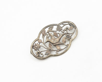 925 Sterling Silver  Vintage Dark Tone Floral Bird Scene Pendant  PT14244