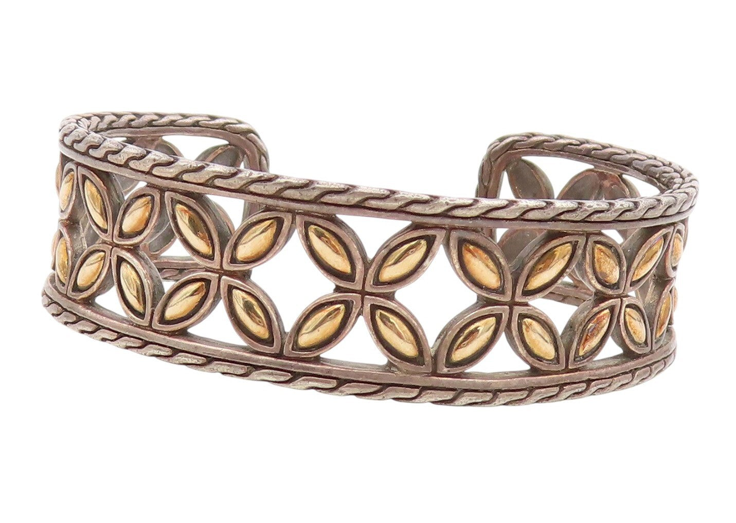 18k Gold 925 Sterling Silver Vintage Bracelet JOHN HARDY Floral Cut Cuff BT10999