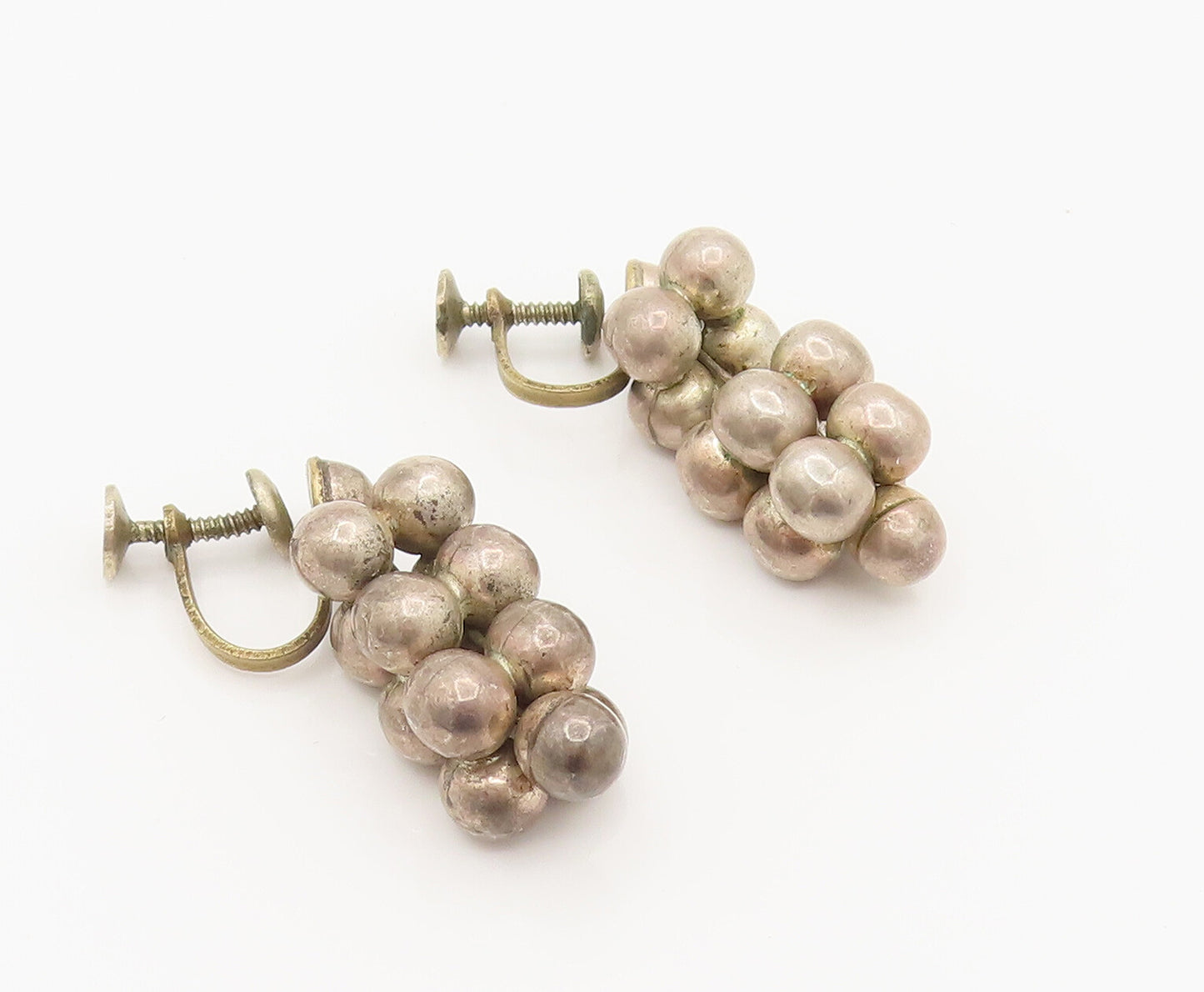 925 Sterling Silver  Vintage Bead Ball Cluster Screw Back Earrings  EG12355