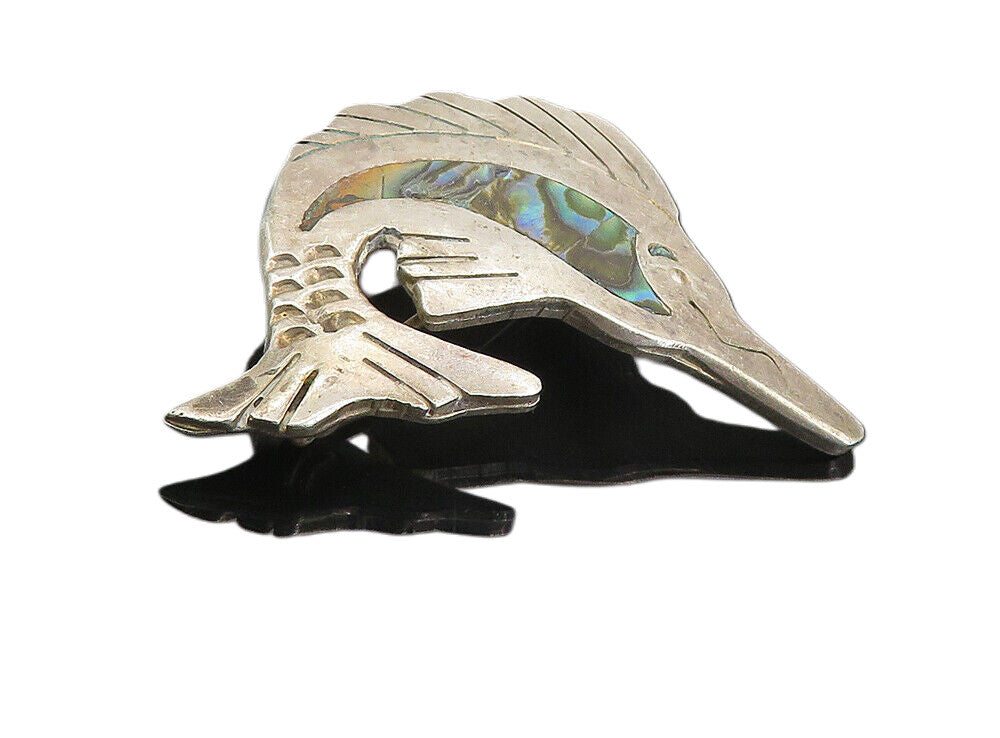 MB MEXICO 925 Silver  Vintage Abalone Shell Swordfish Motif Brooch Pin  BP3056