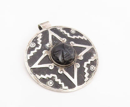 925 Sterling Silver Vintage Brooch Pin MEXICO Carved Onyx Aztec Face  BP12350