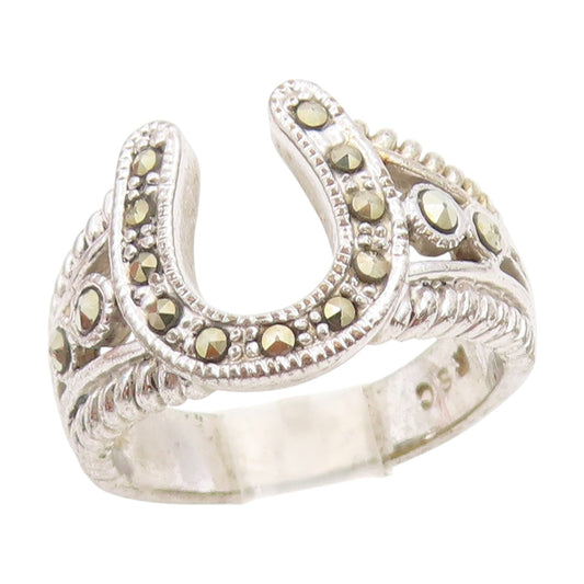 925 Sterling Silver Vintage Ring Marcasite Lucky Horseshoe Band  Sz 7  RG34425
