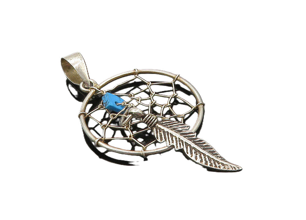 925 Sterling Silver  Vintage Petite Turquoise Dream Catcher Pendant  PT7431