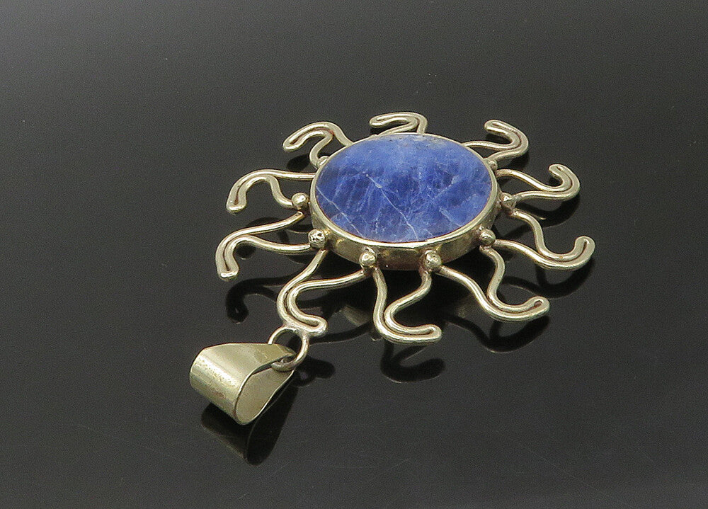 925 Sterling Silver  Vintage Inlaid Sodalite Shining Sun Motif Pendant PT18352