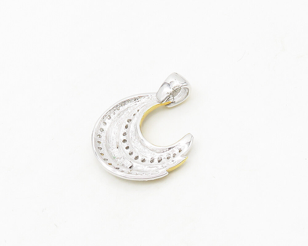 925 Sterling Silver  Cubic Zirconia Two Tone Crescent Moon Pendant  PT14159