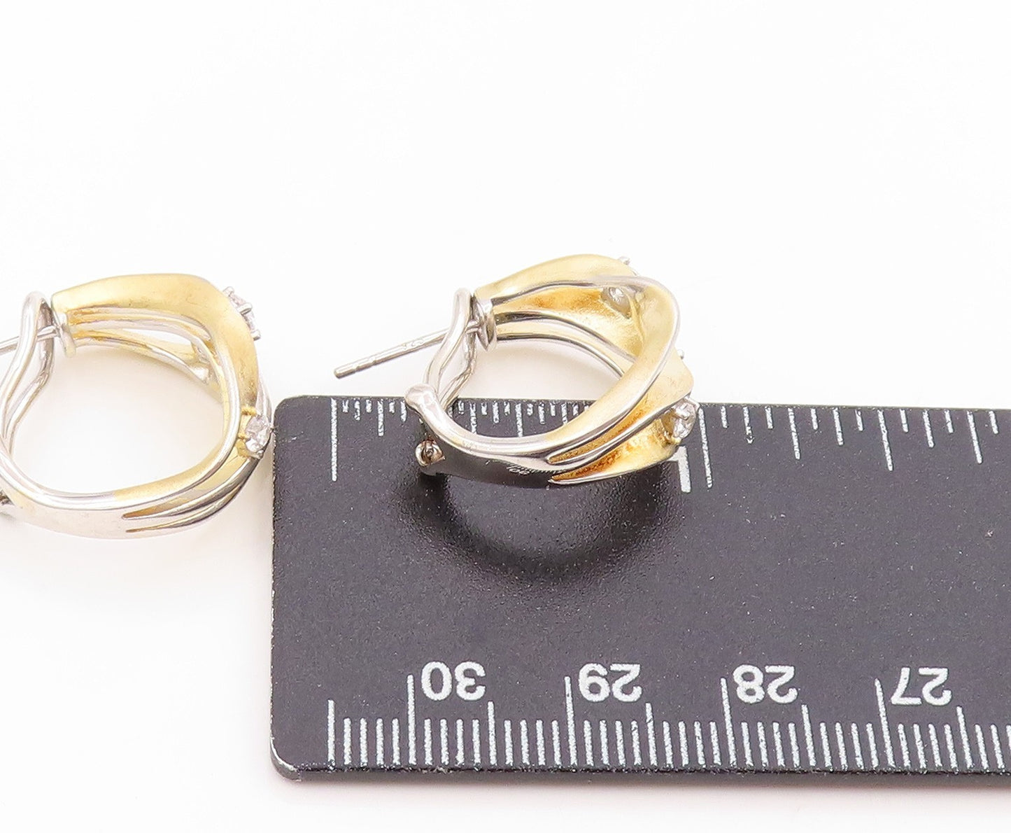 925 Sterling Silver Vintage Earrings Two Tone CZ Modernist Wavy Hoops  EG14040