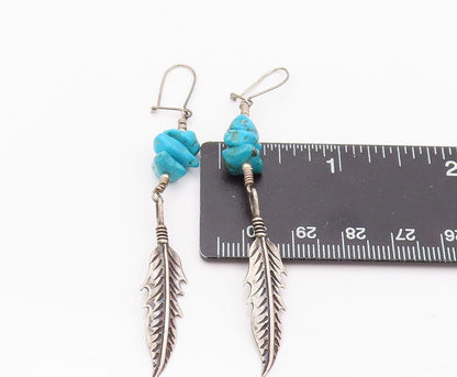 925 Sterling Silver Vintage Earrings NAVAJO Turquoise Carved Feather  EG13487