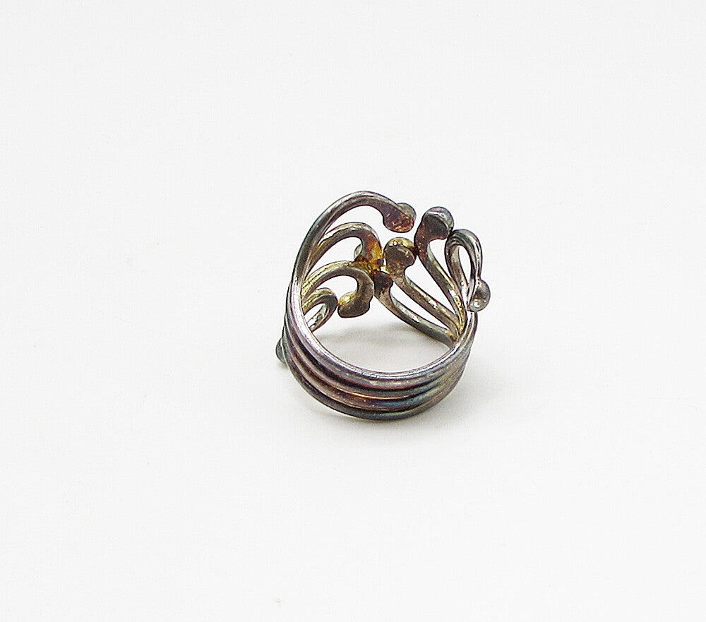 925 Sterling Silver  Vintage Dark Tone Pebbled Wire Bypass Ring Sz 8.5  RG3320