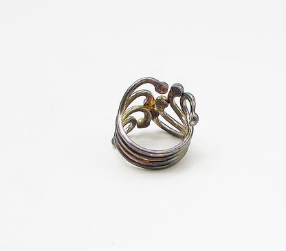 925 Sterling Silver  Vintage Dark Tone Pebbled Wire Bypass Ring Sz 8.5  RG3320
