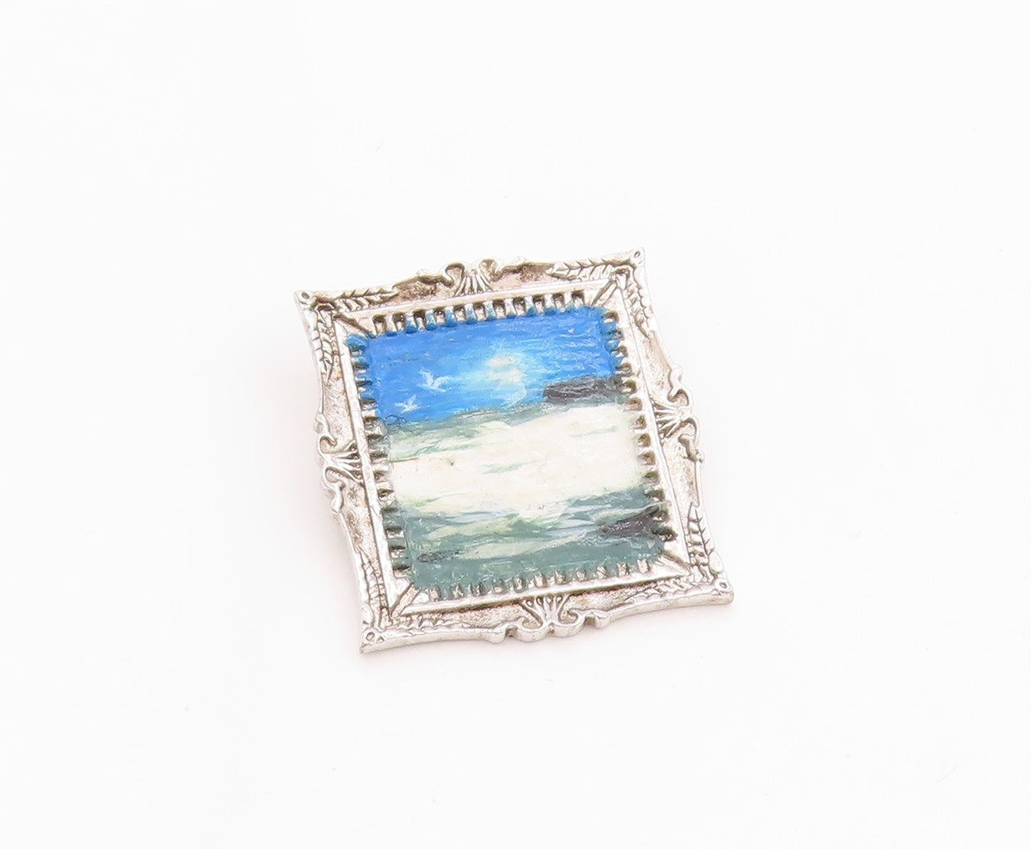 925 Sterling Silver Vintage Pendant Etched Teng Teng Painting Frame  PT24782
