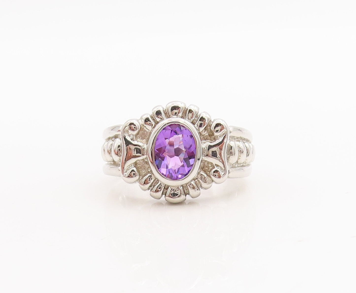 925 Sterling Silver Vintage Ring Solid Floral Etched Amethyst  Sz 8.5  RG28665