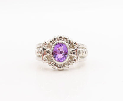 925 Sterling Silver Vintage Ring Solid Floral Etched Amethyst  Sz 8.5  RG28665