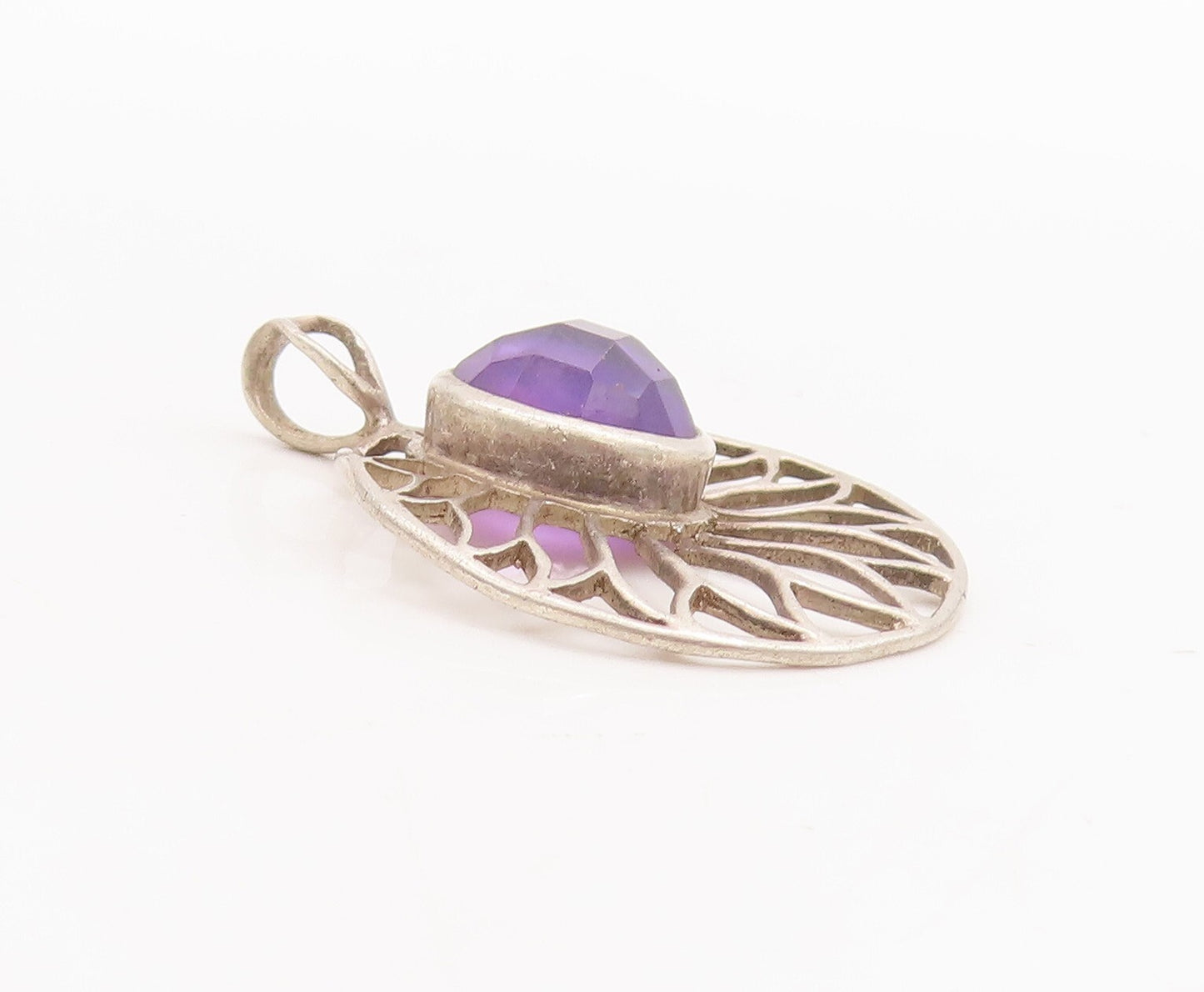 925 Sterling Silver Vintage Pendant Cutout Amethyst Round Flower  PT23296