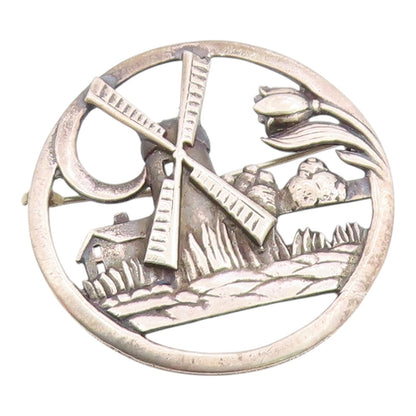 925 Sterling Silver  Vintage Windmill Floral Scene Round Brooch Pin  BP3640