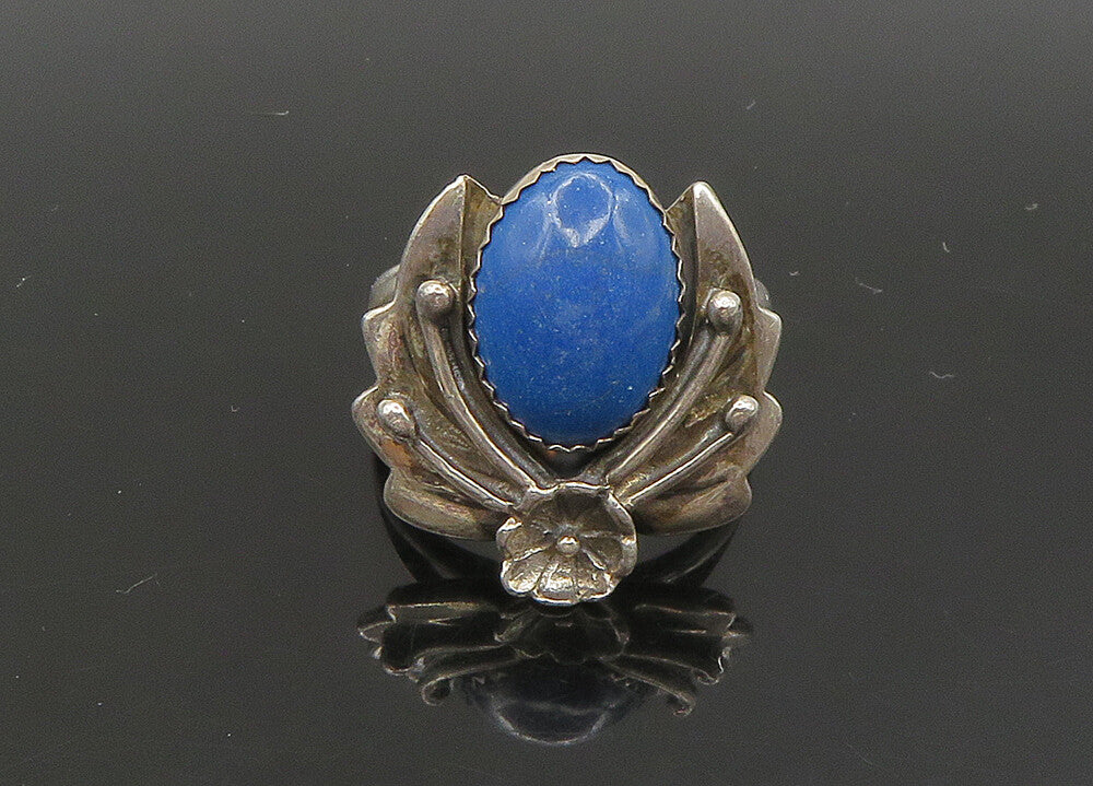 NAVAJO 925 Silver  Vintage Lapis Lazuli Floral Leaf Band Ring Sz 9  RG23660