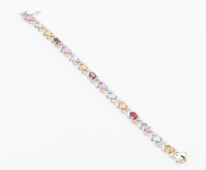 925 Silver  Vintage Topaz Garnet Citrine & Amethyst Chain Bracelet  BT8319